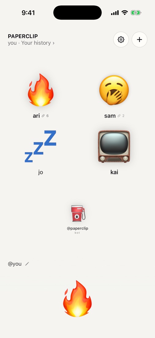 The feed: four friends as big emoji, yours at the bottom